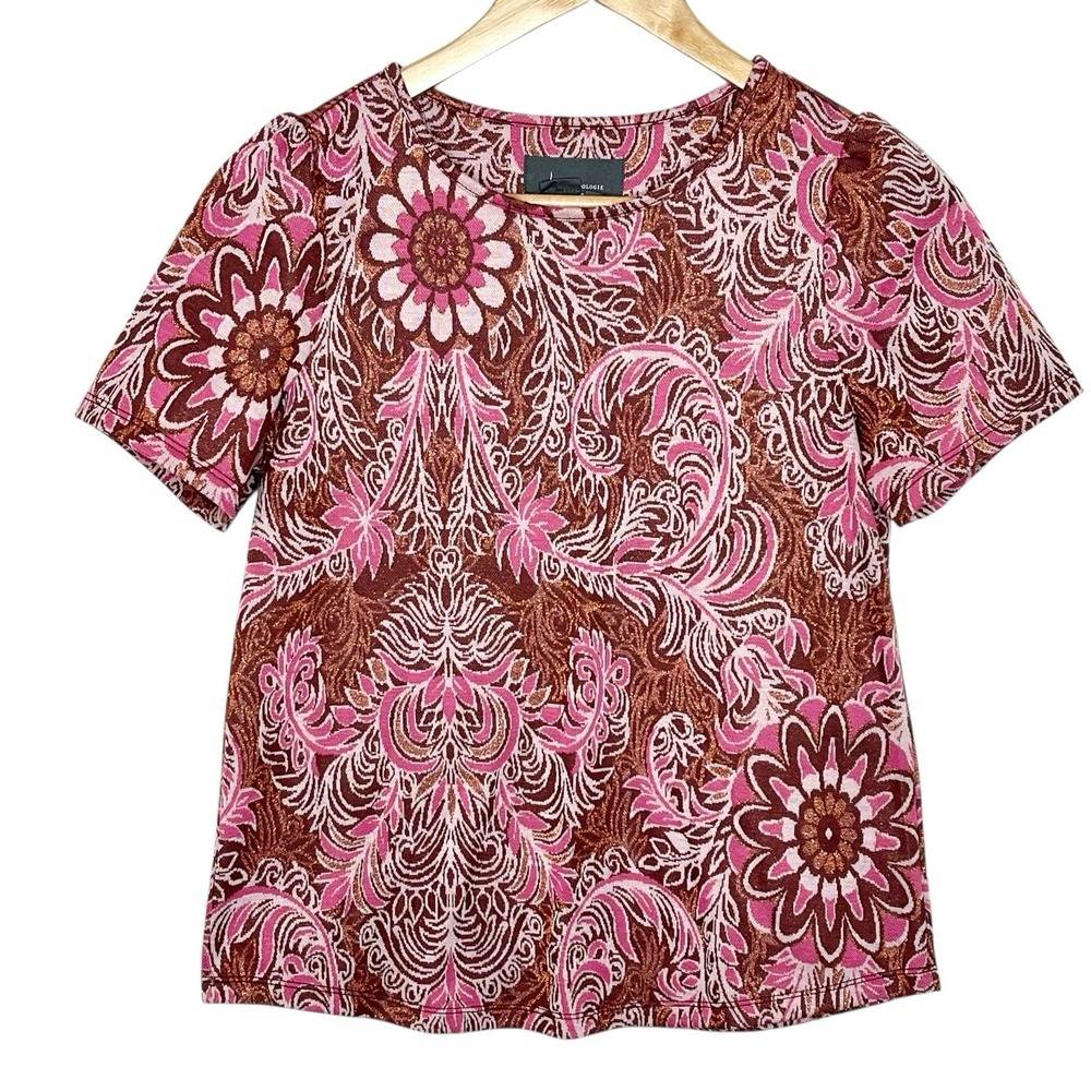 Anthropologie Metallic Boho Floral Knit Top Womens XS Short Sleeve